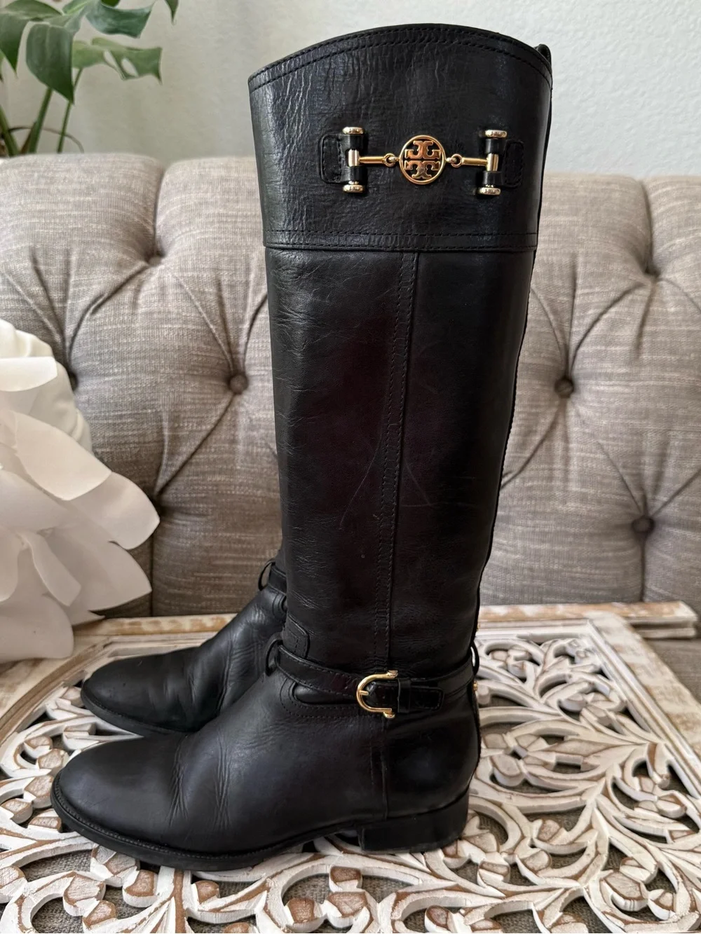 Tory Burch Black Leather Tall Riding Boots with Gold Logo Hardware Women’s 7